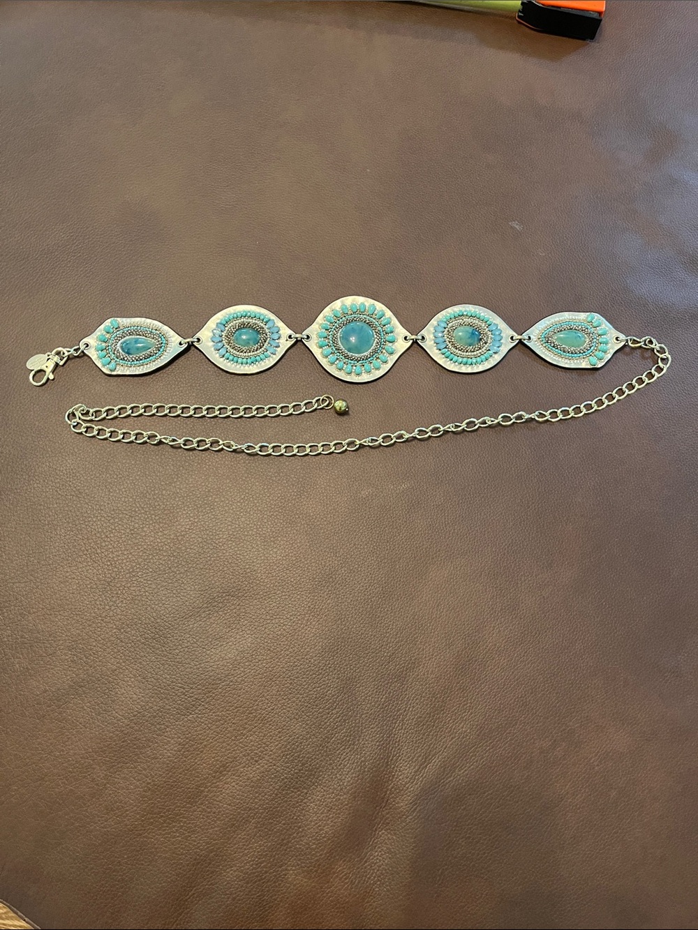 Chico’s Women’s M Turquoise Faux Stone Medallion Belt Silver Tone Chain Boho